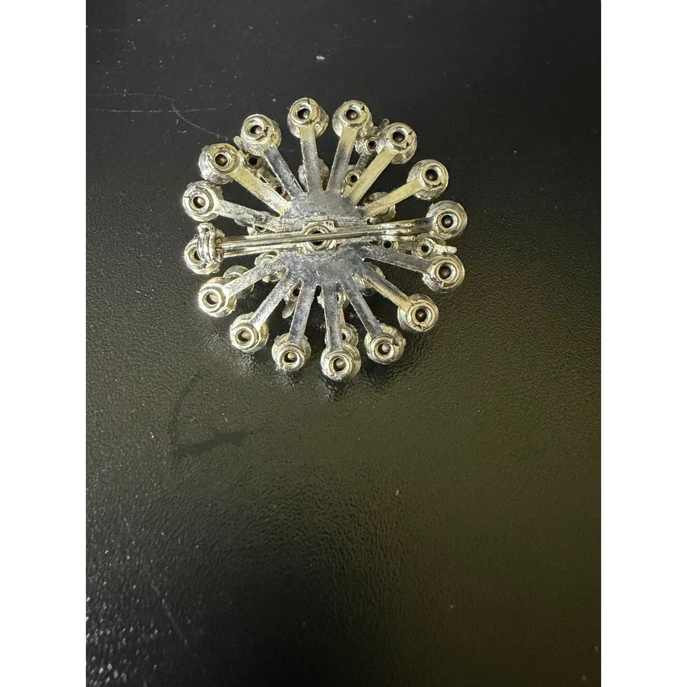 Vintage Sunburst Brooch Silver Tone Clear Rhinestone Starburst Floral Pin